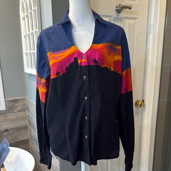 Wrangler Western Sunset Cowboy Print Pearl Snap Shirt Vintage 70s 80s Large Rare - Picture 3 of 13